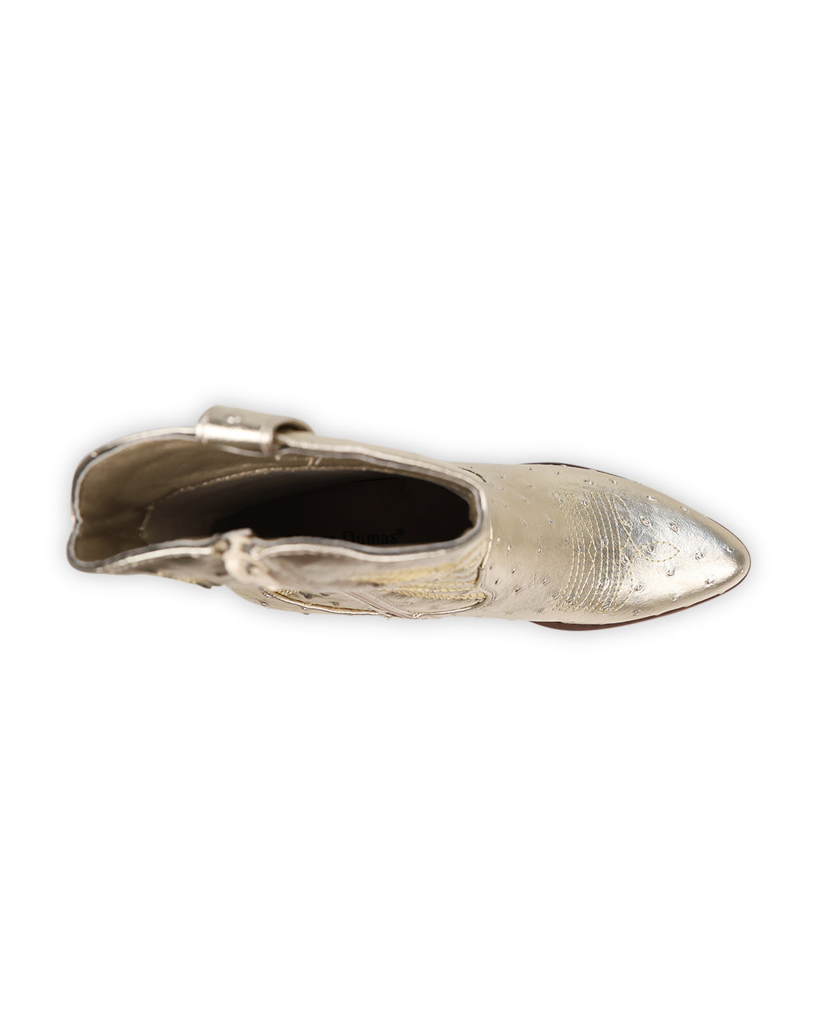 Gold metallic cowboy boot on a white background