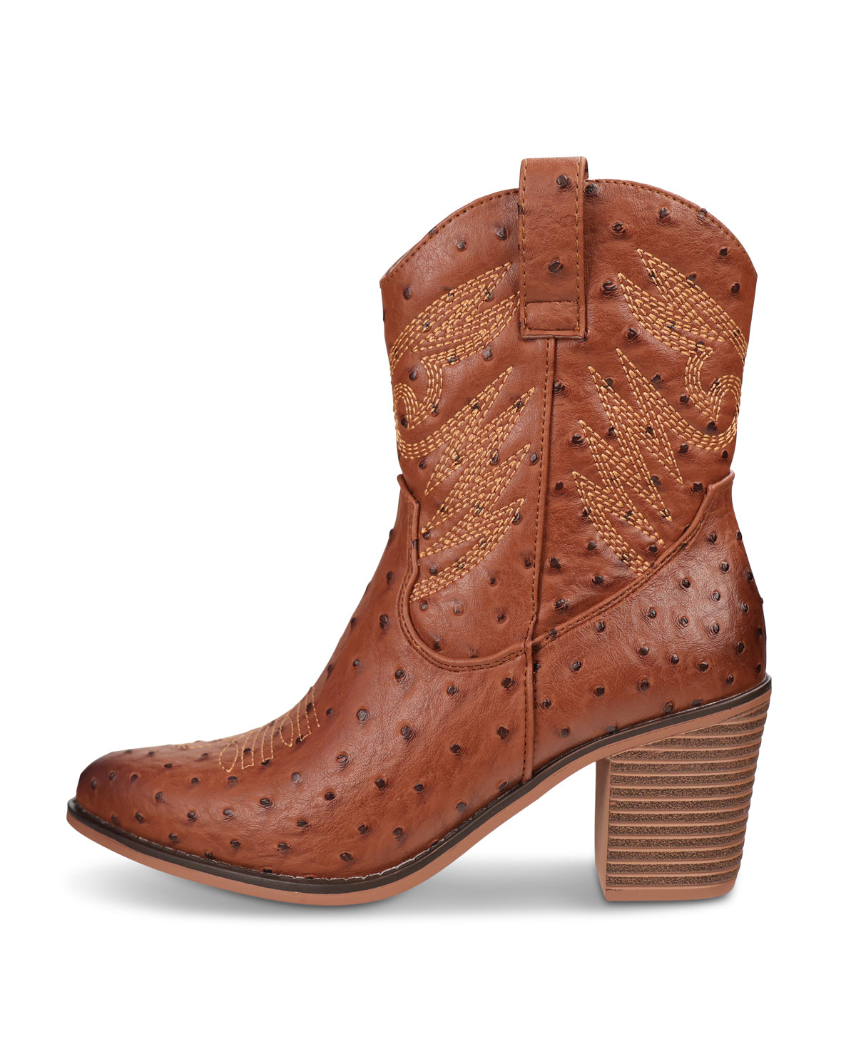 A single brown ostrich-textured leather cowboy boot with a block heel, shown in a side profile on a white background.