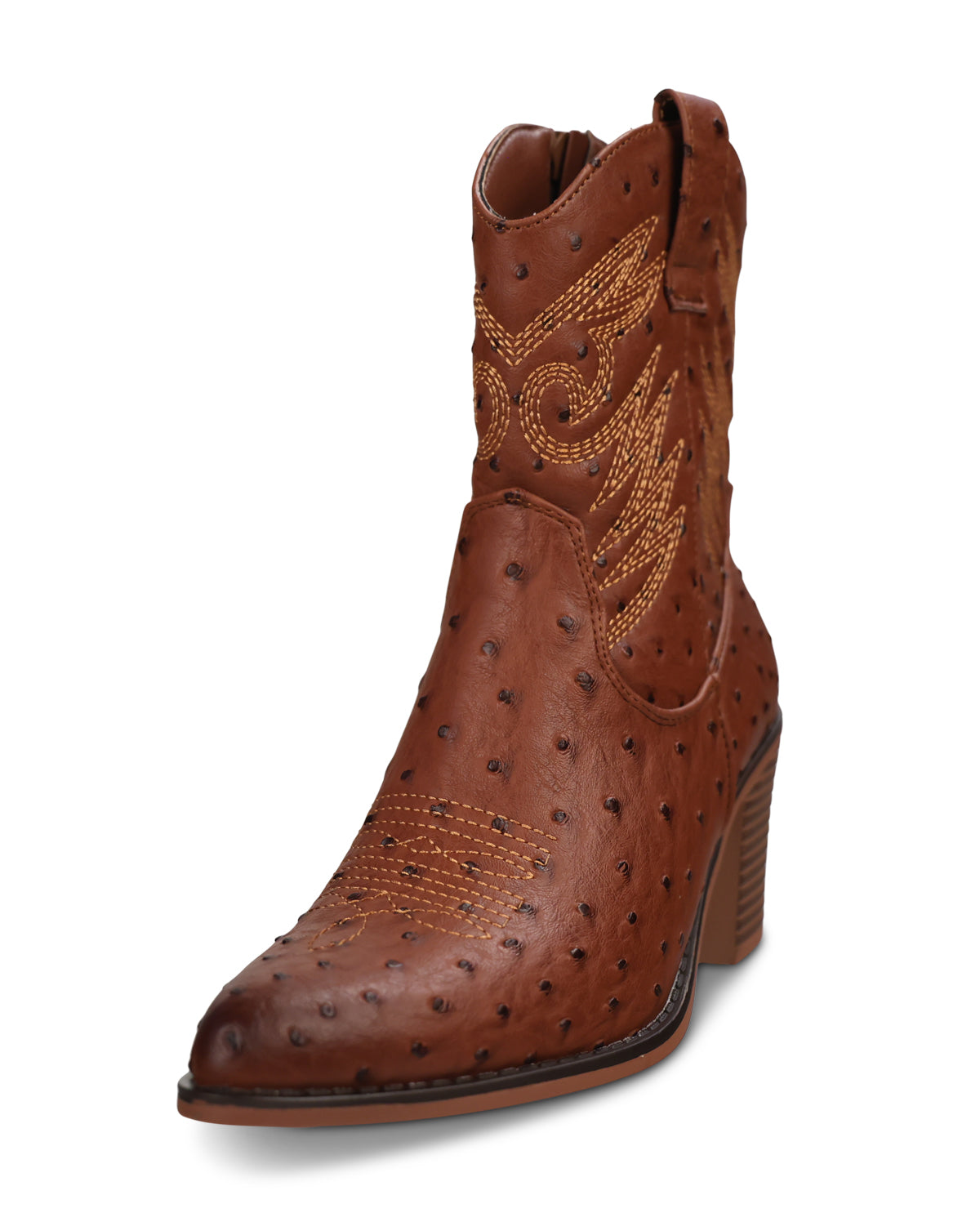 A brown ostrich-textured leather western boot with decorative stitching on the shaft, shown from a three-quarters angle on a white background.
