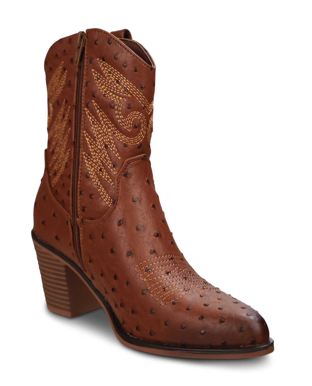 A brown ostrich-textured leather western boot with a stacked block heel, shown from a three-quarters angle on a white background.