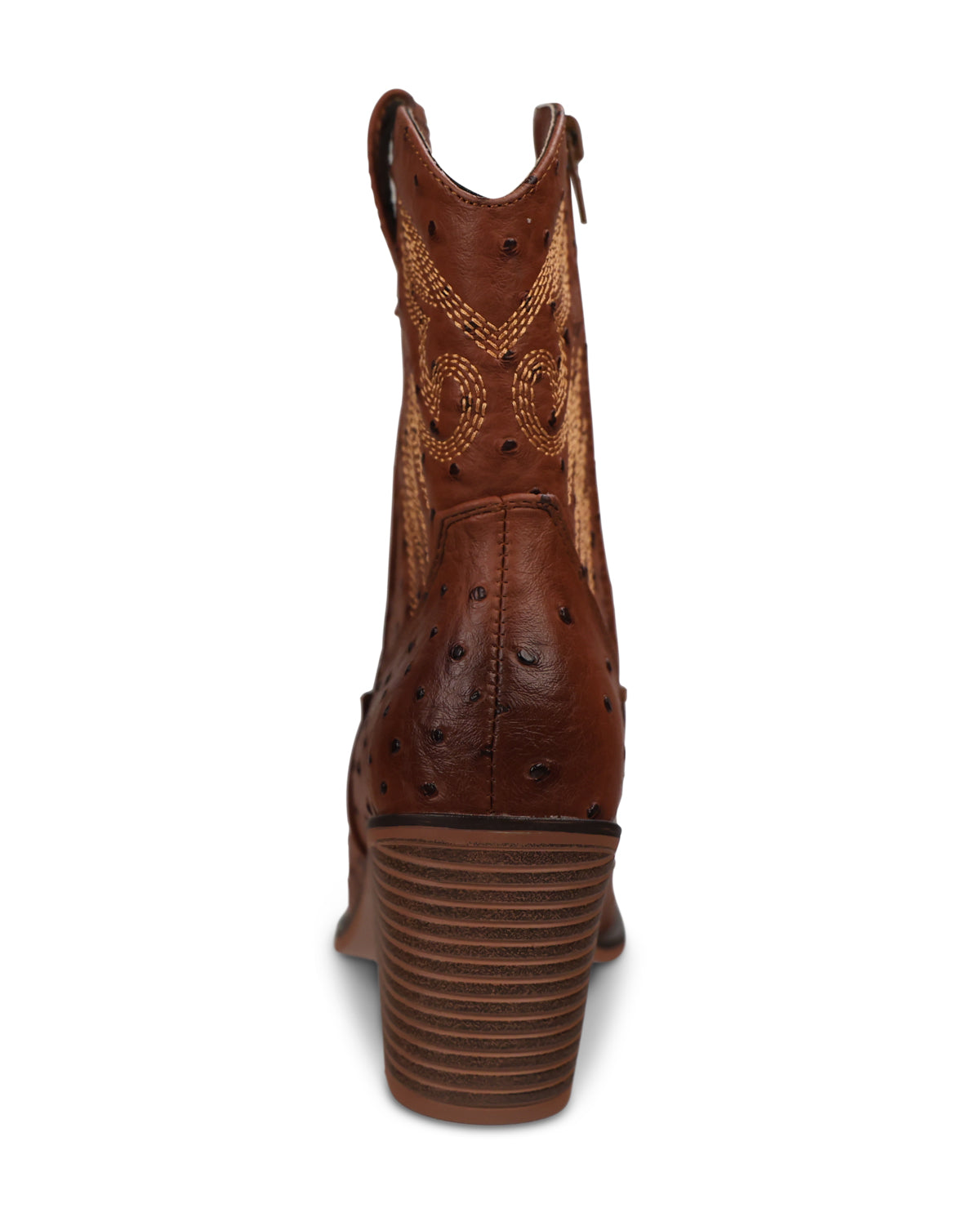 A brown ostrich-textured leather cowboy boot with western embroidery on the shaft, shown from a rear three-quarter view against a plain white background.