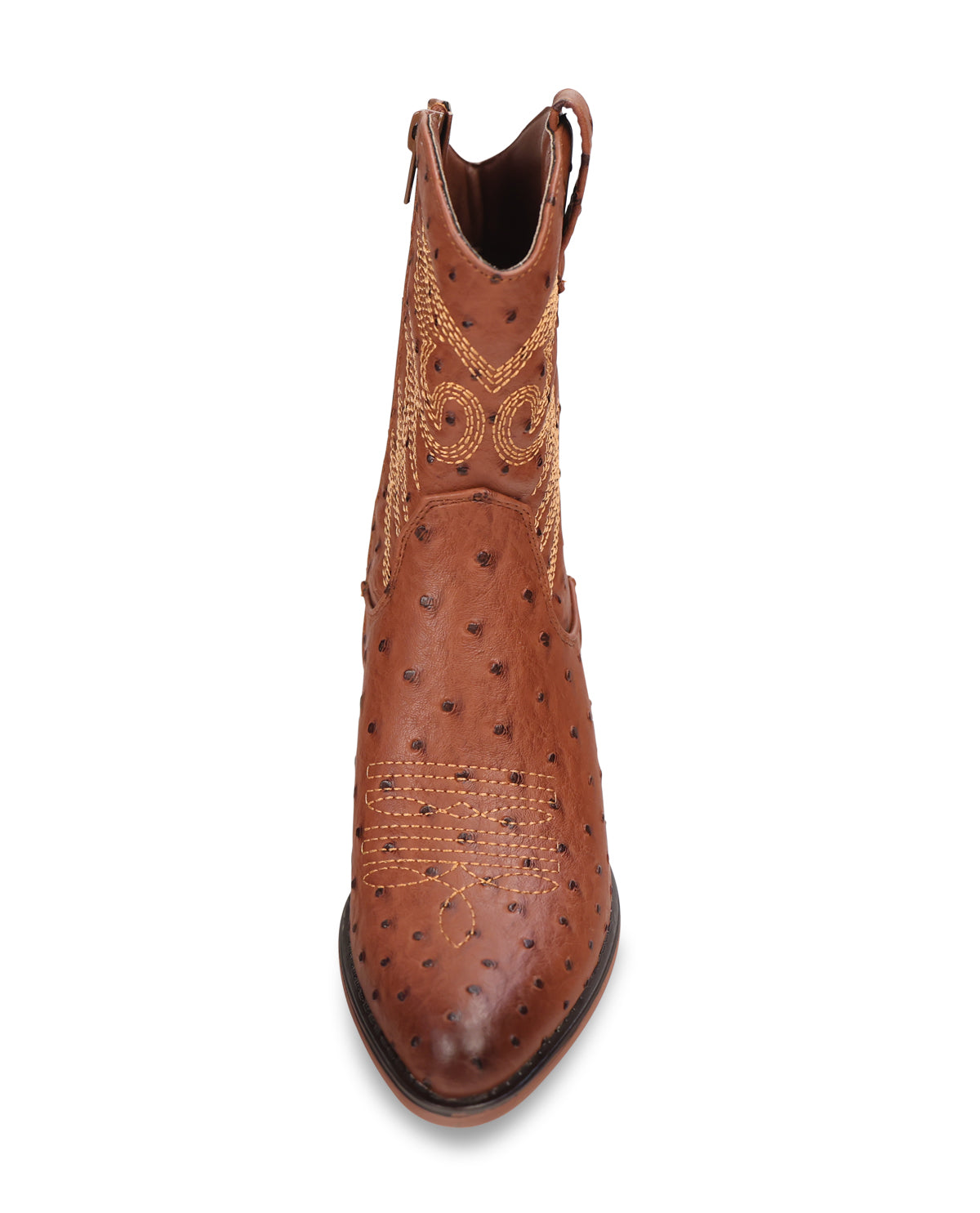 A single brown ostrich-textured leather cowboy boot with decorative stitching and a pull tab, shown from a top-down view on a white background.