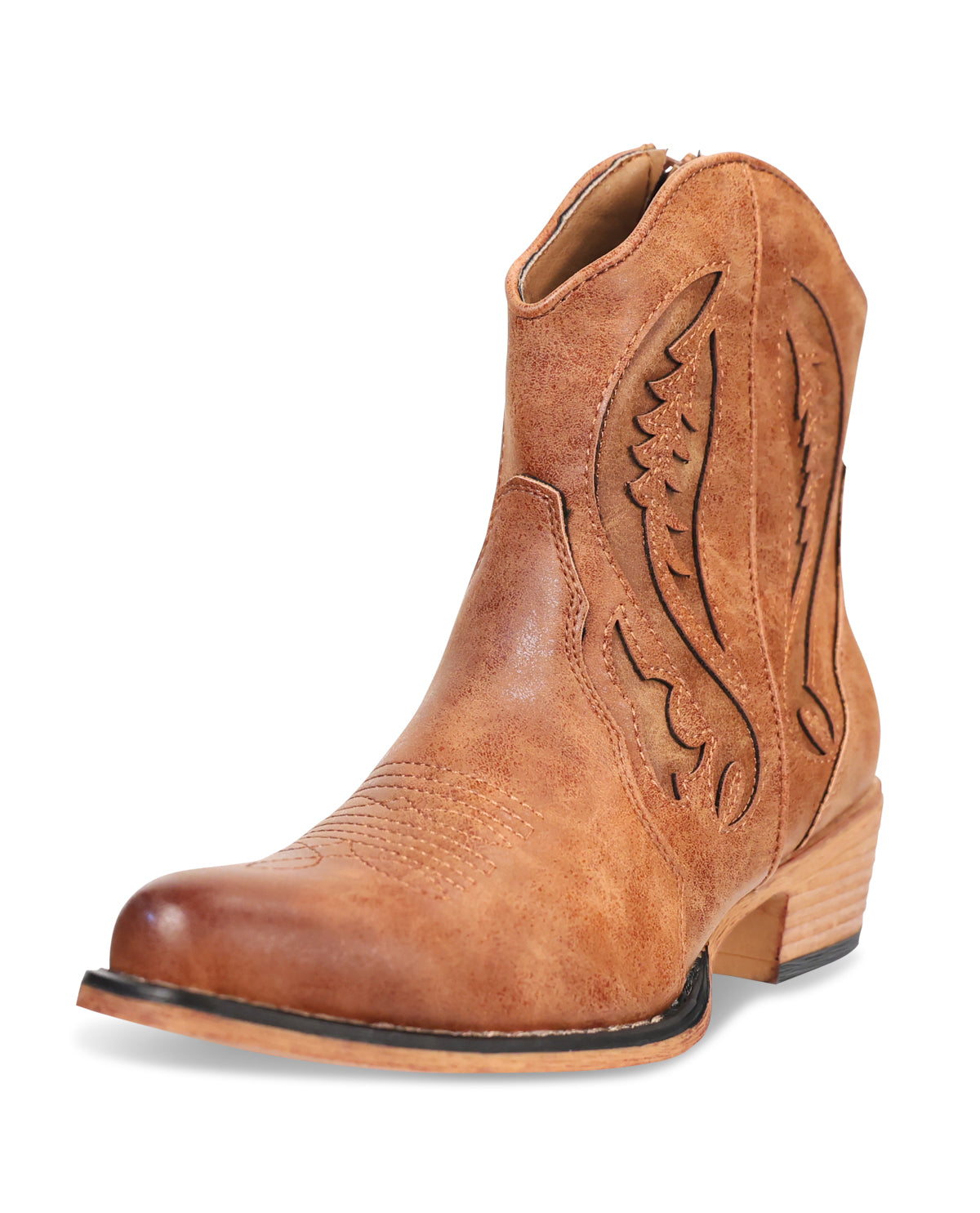 Brown cowboy boot with intricate design on a white background
