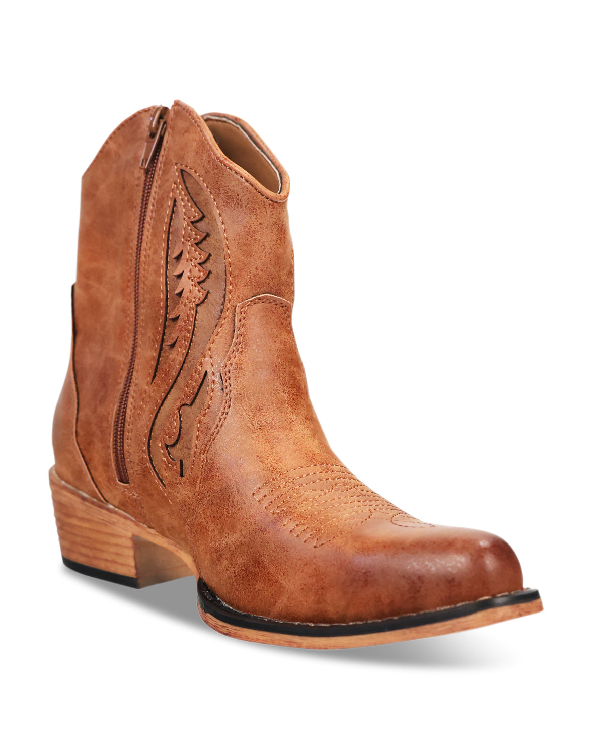 Brown leather cowboy boot on a white background