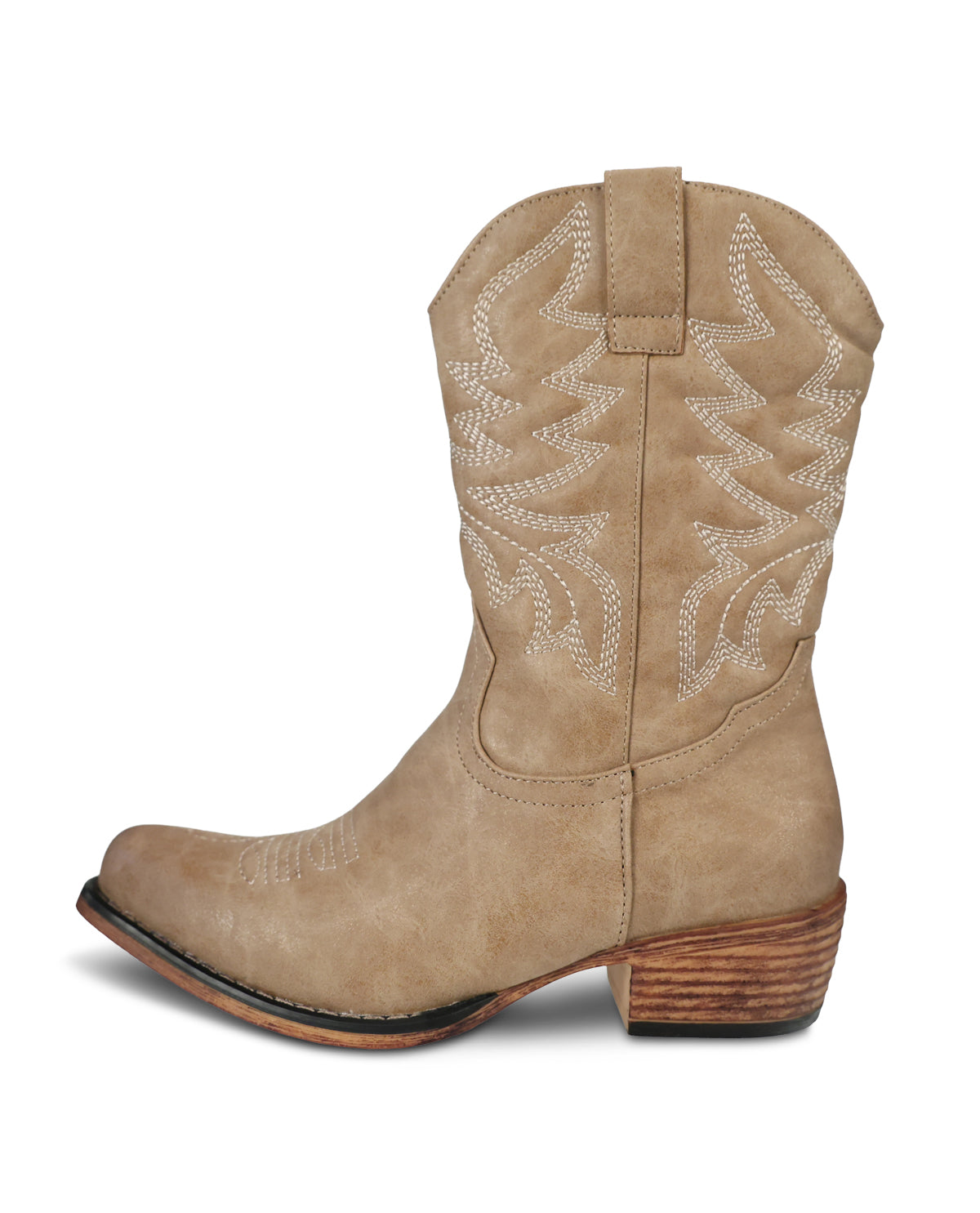 A single light tan western boot with white embroidered stitching on the shaft, shown from a side profile against a white background.