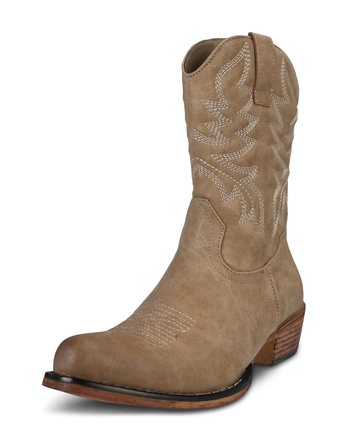 A single tan suede cowboy boot with white embroidered stitching on the shaft and toe, shown from a three-quarter angle against a white background.
