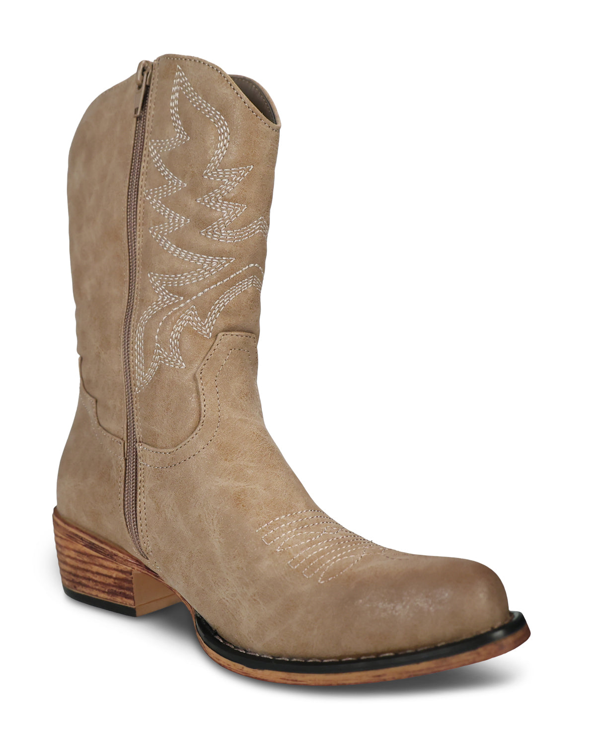 A light tan suede western boot with white embroidered stitching on the shaft and toe, featuring a side zipper and a stacked wood-look heel, shown against a plain white background.