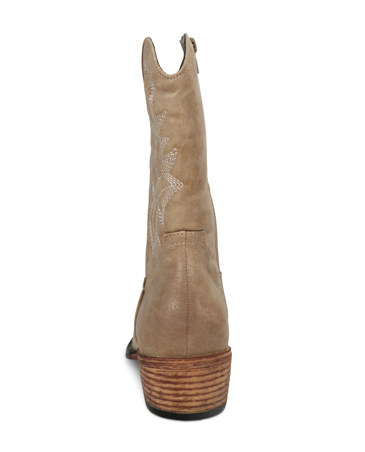 A single light brown suede cowboy boot shown from the back, featuring a stacked wood-textured heel and subtle western embroidery on the shaft, set against a plain white background.