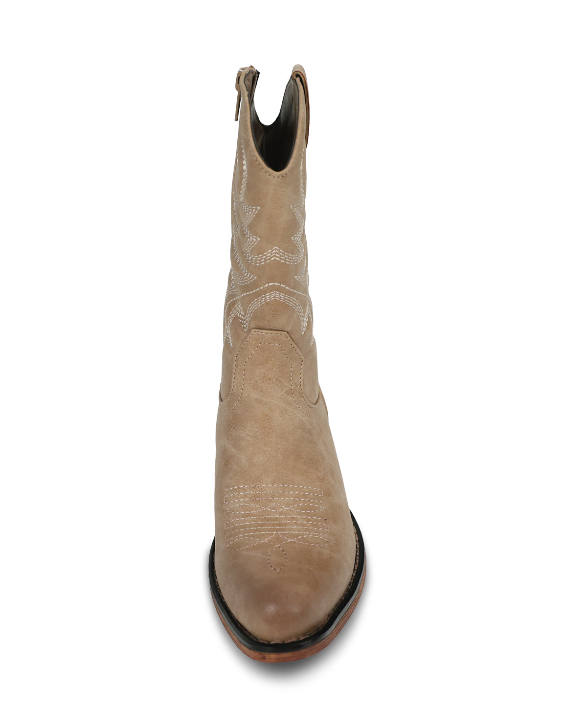 A single light tan suede cowboy boot with white western-style embroidery, shown from a front-facing overhead perspective on a white background.