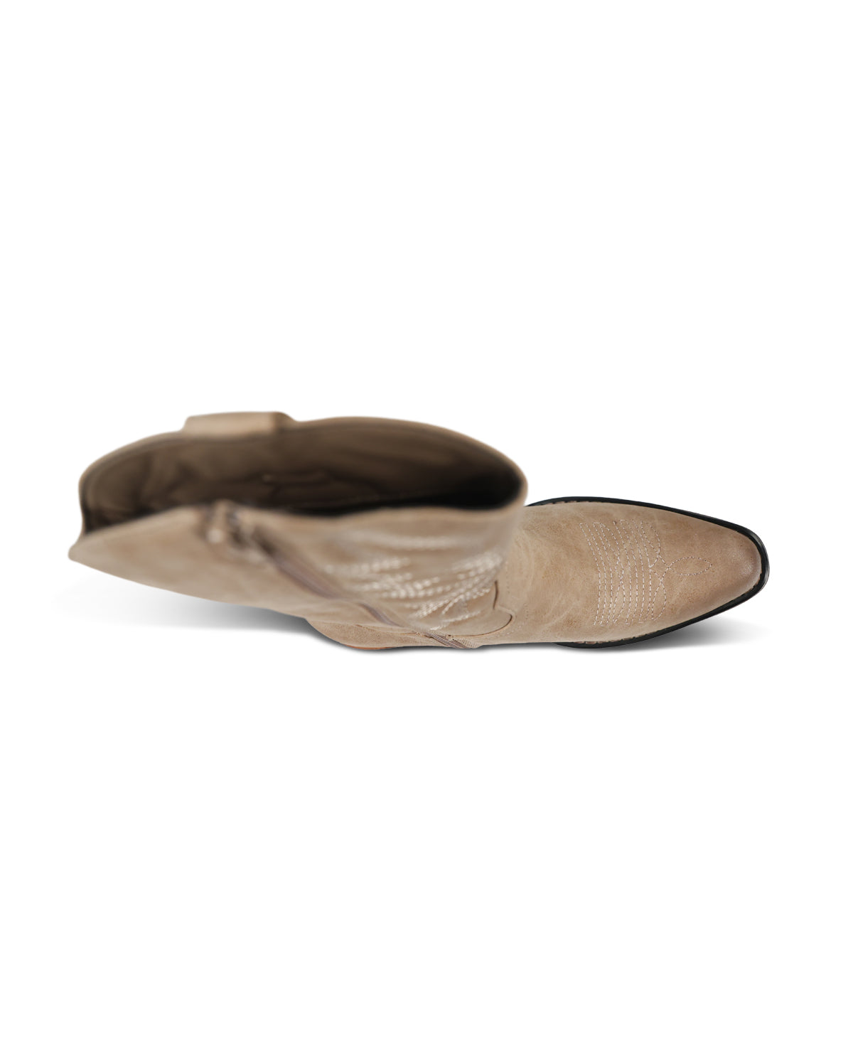 A single light brown leather boot shown from a side profile against a white background.