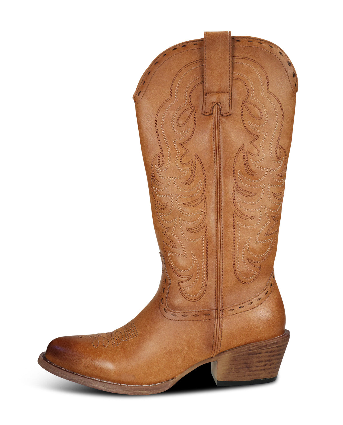 A single light brown leather cowboy boot with decorative western-style stitching, shown in profile against a plain white background.