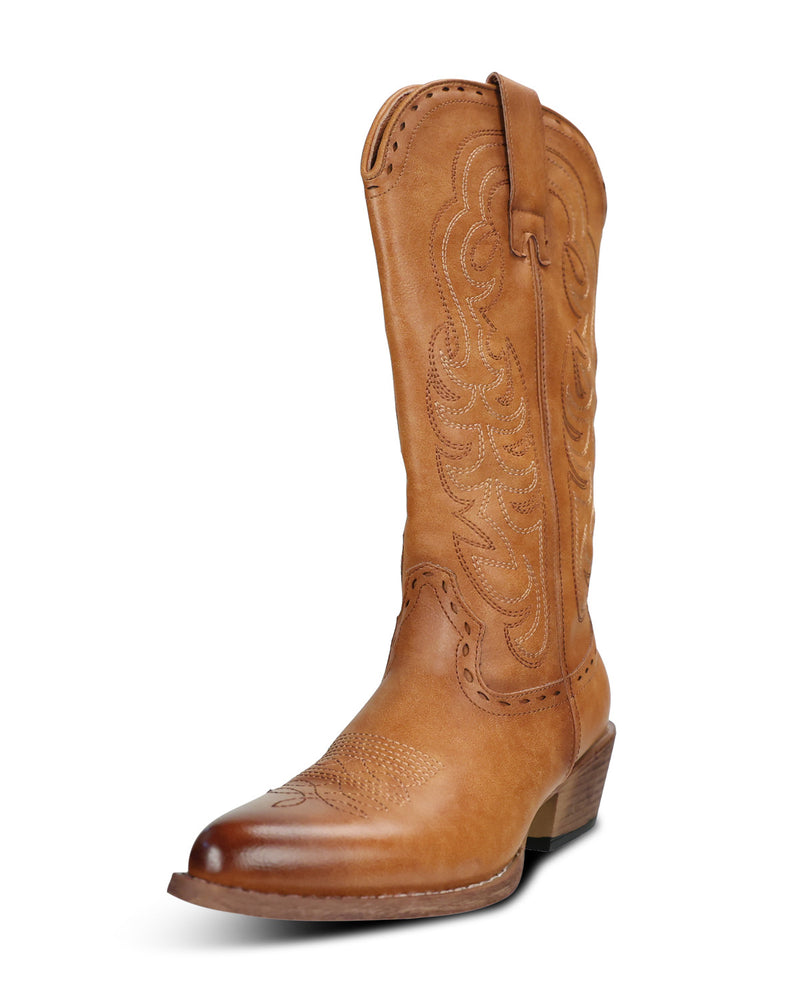 A single light brown leather cowboy boot with decorative embossed stitching, shown from a three-quarters angle on a white background.
