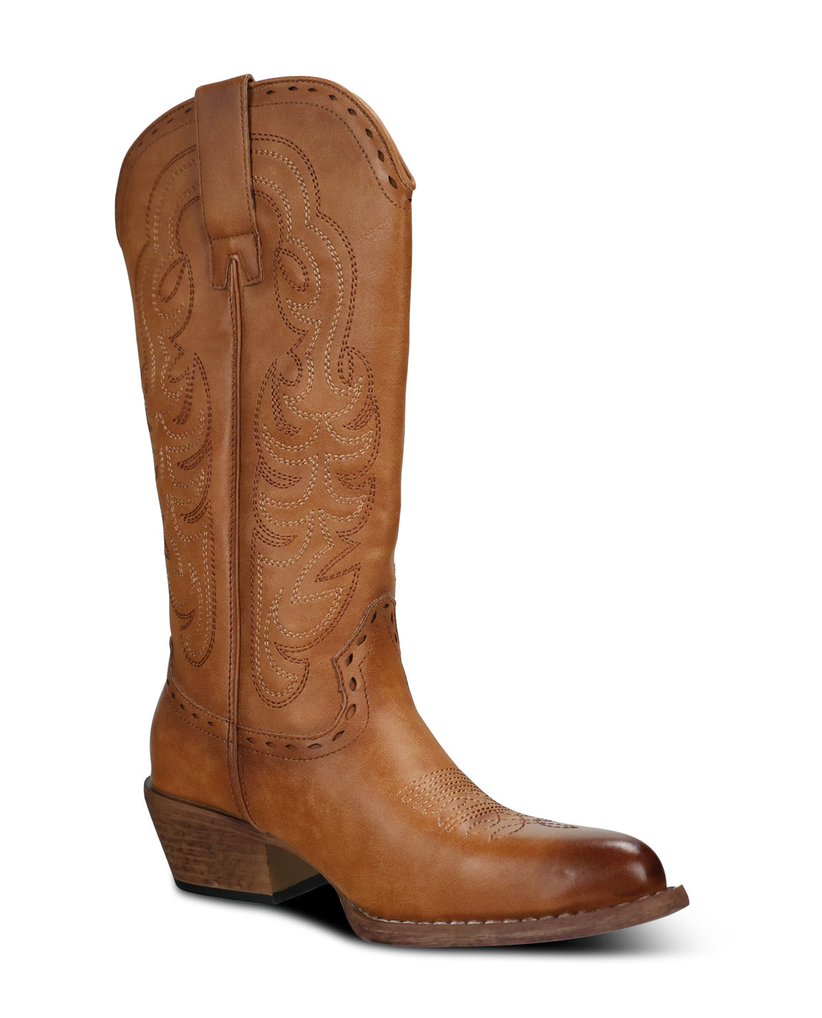A single tan leather cowboy boot with western-style stitching, a pointed toe, and a low stacked heel, shown on a plain white background.