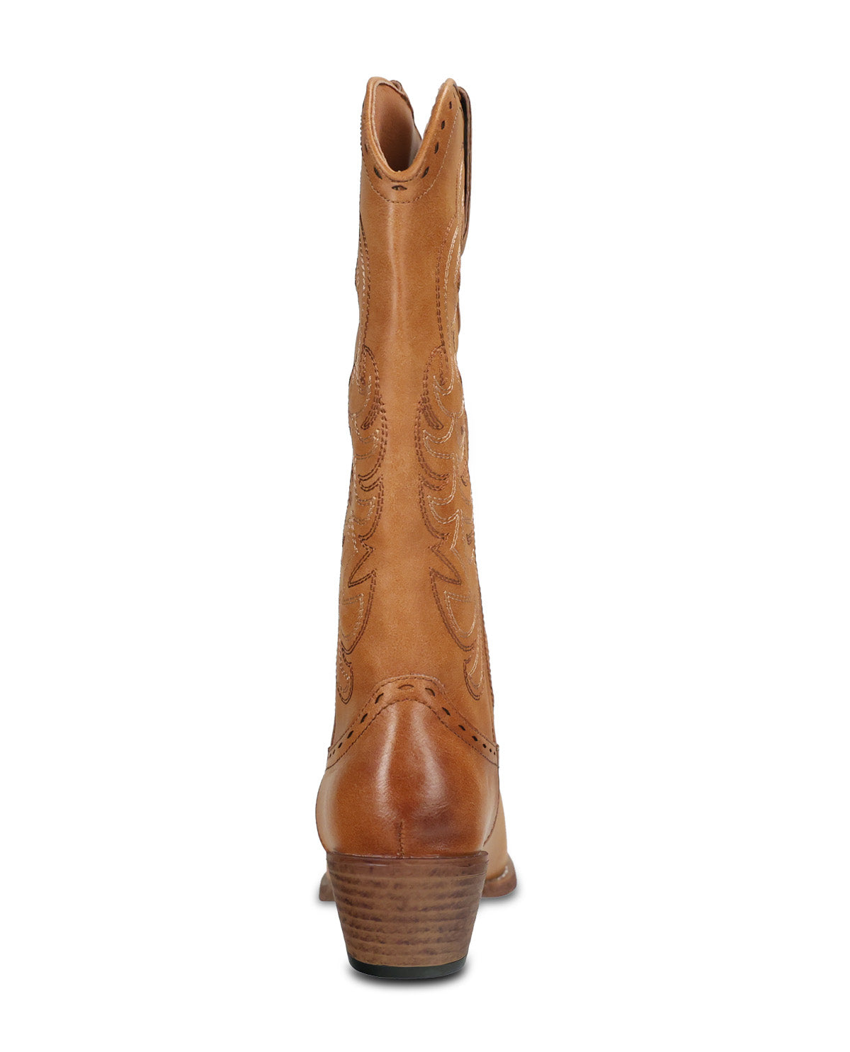 The back side of a single light brown leather cowboy boot with decorative western-style stitching, shown against a plain white background.