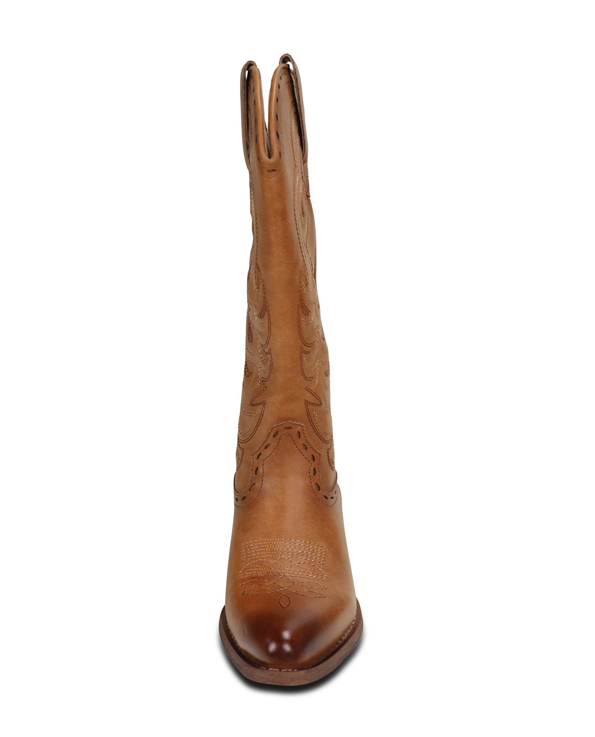 A single light brown leather cowboy boot shown from a front-facing perspective against a plain white background.