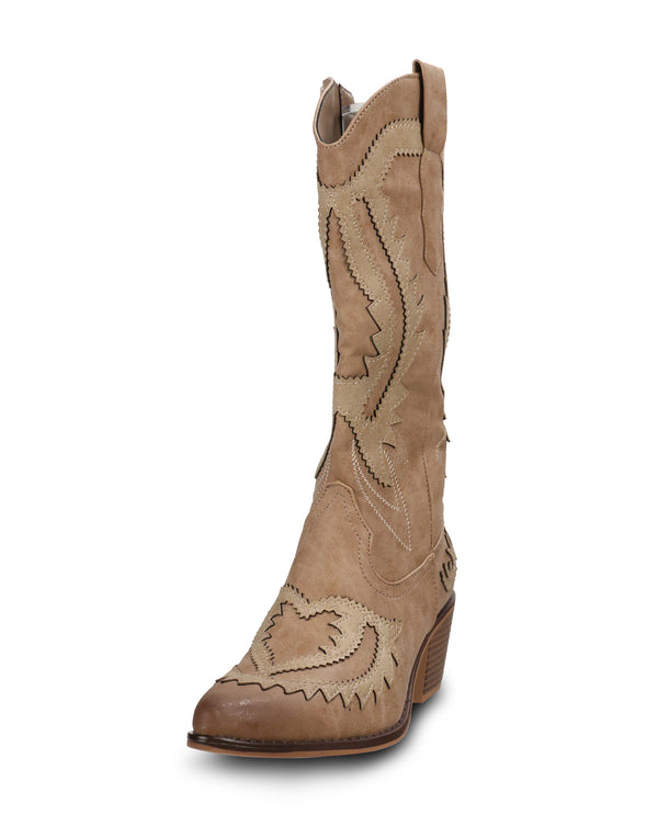 A single tan western cowboy boot with decorative contrast stitching and a stacked wood-look heel, shown on a plain white background.