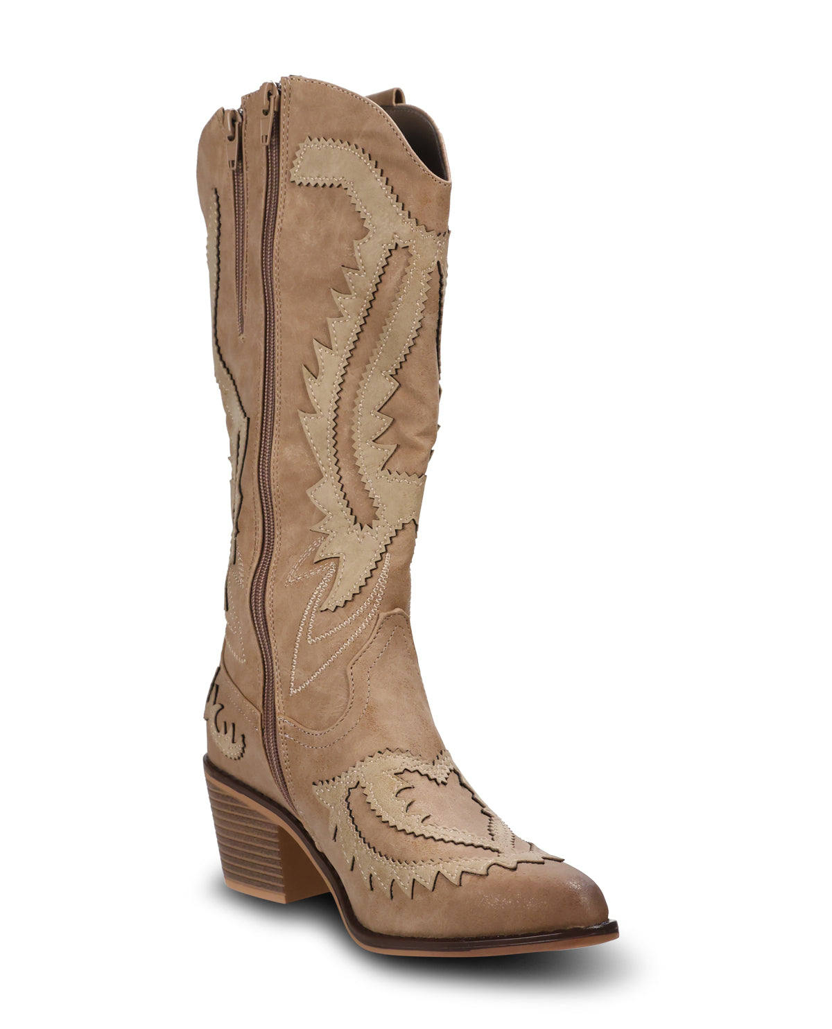 A single mid-calf western boot in tan suede with light tan embroidered stitching, a pointed toe, and a stacked wood-look heel, shown on a white background.