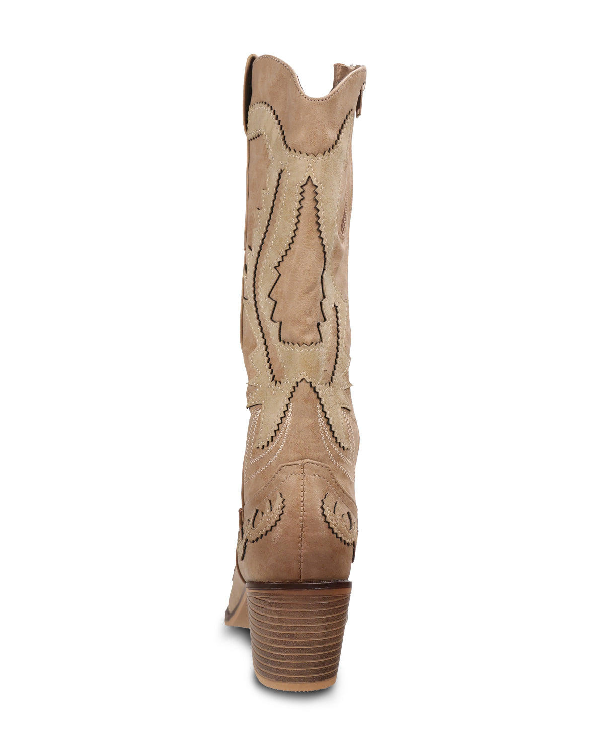 A single light tan western boot shown from the back, featuring decorative dark contrast stitching and a stacked brown block heel, set against a plain white background.