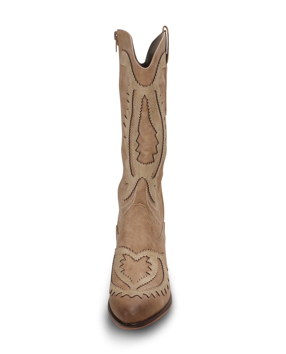 A light tan western-style cowboy boot with decorative contrast stitching and a heart-shaped cutout near the toe, shown against a plain white background.