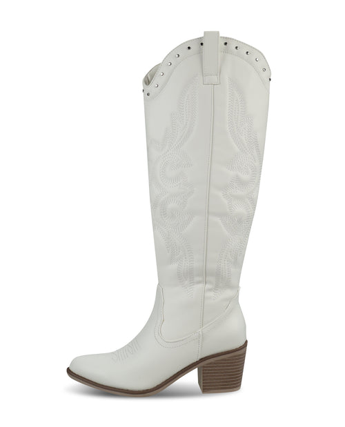 A single white faux leather cowboy boot with western-style embroidery, a pointed toe, and a stacked brown block heel, shown against a plain white background.