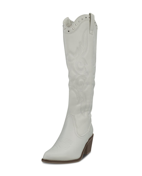 A single white leather knee-high cowboy boot with decorative stitching, silver studs, and a brown wedge heel, shown against a plain white background.