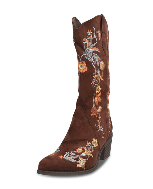 A brown suede western boot featuring intricate floral embroidery in orange, blue, and white along the shaft and toe area, set against a plain white background.