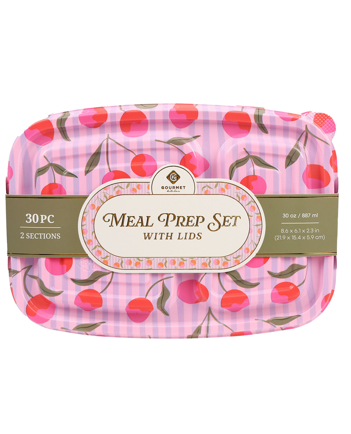 30-Piece Pink Pinstripe Cherry Print Meal Prep Set