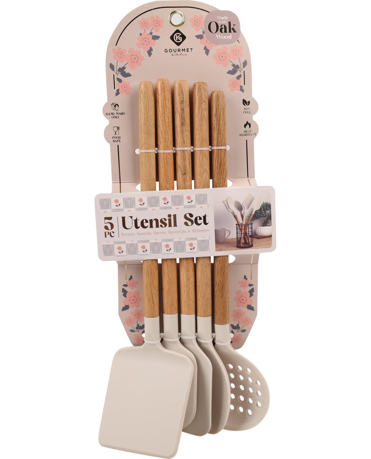5pc Oak Utensil Set Beige
