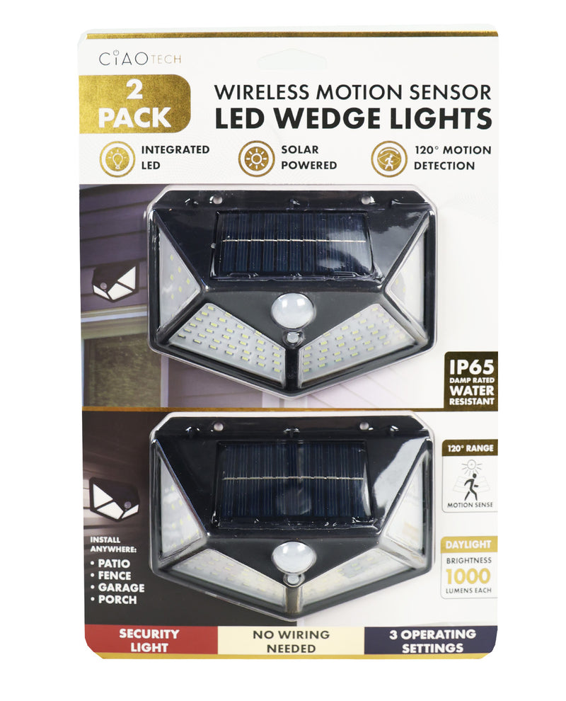 Ciao Tech 2-pack of wireless motion sensor LED wedge lights in retail packaging, showing two black solar-powered security lights with white LED arrays and clear lenses.