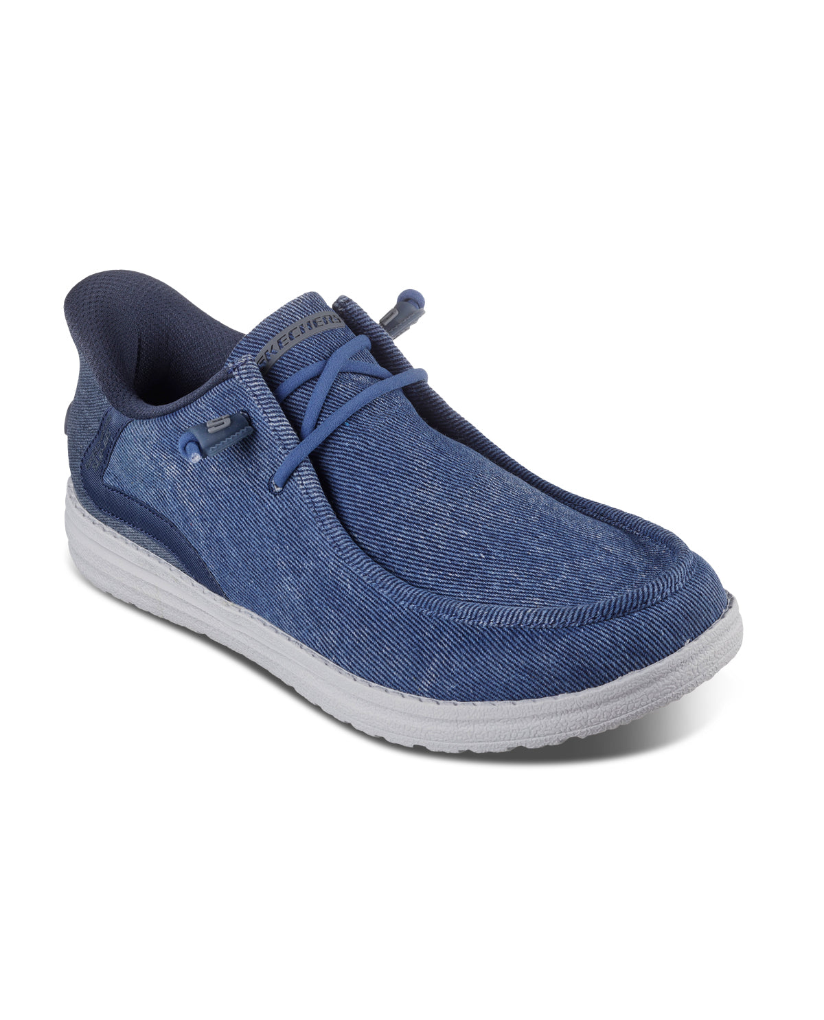 Denim shoe with a strap on a white background