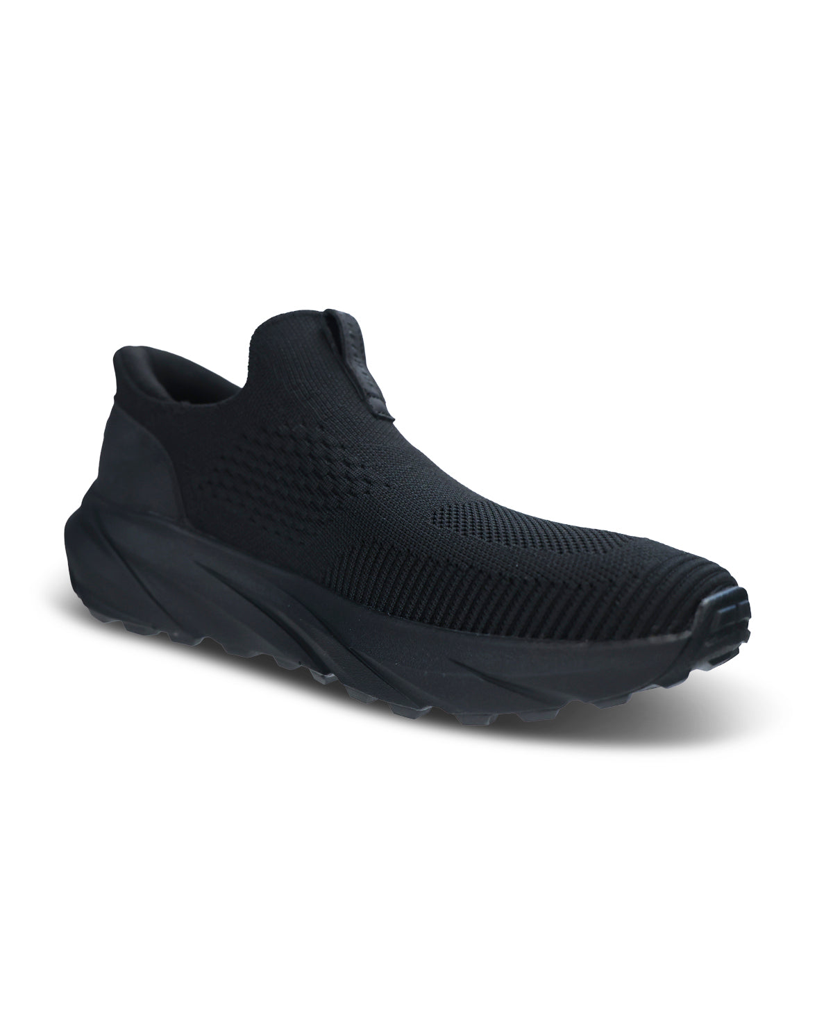 A single black slip-on sneaker with a textured knit upper and chunky sole, shown from a three-quarters angle on a white background.