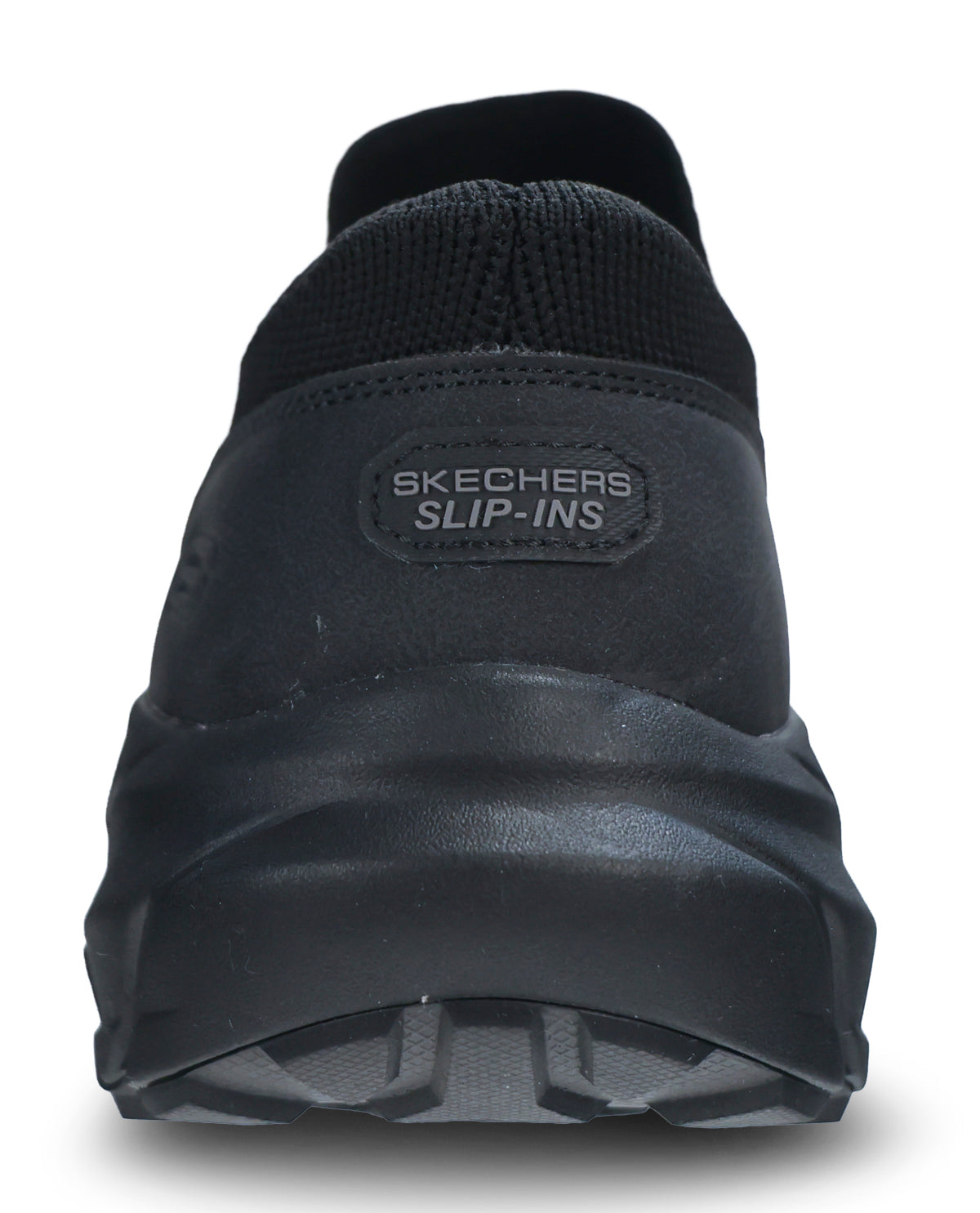 Black Skechers Slip-Ins shoe shown from the back, featuring a textured black sole and a black heel tab with the Skechers brand logo.