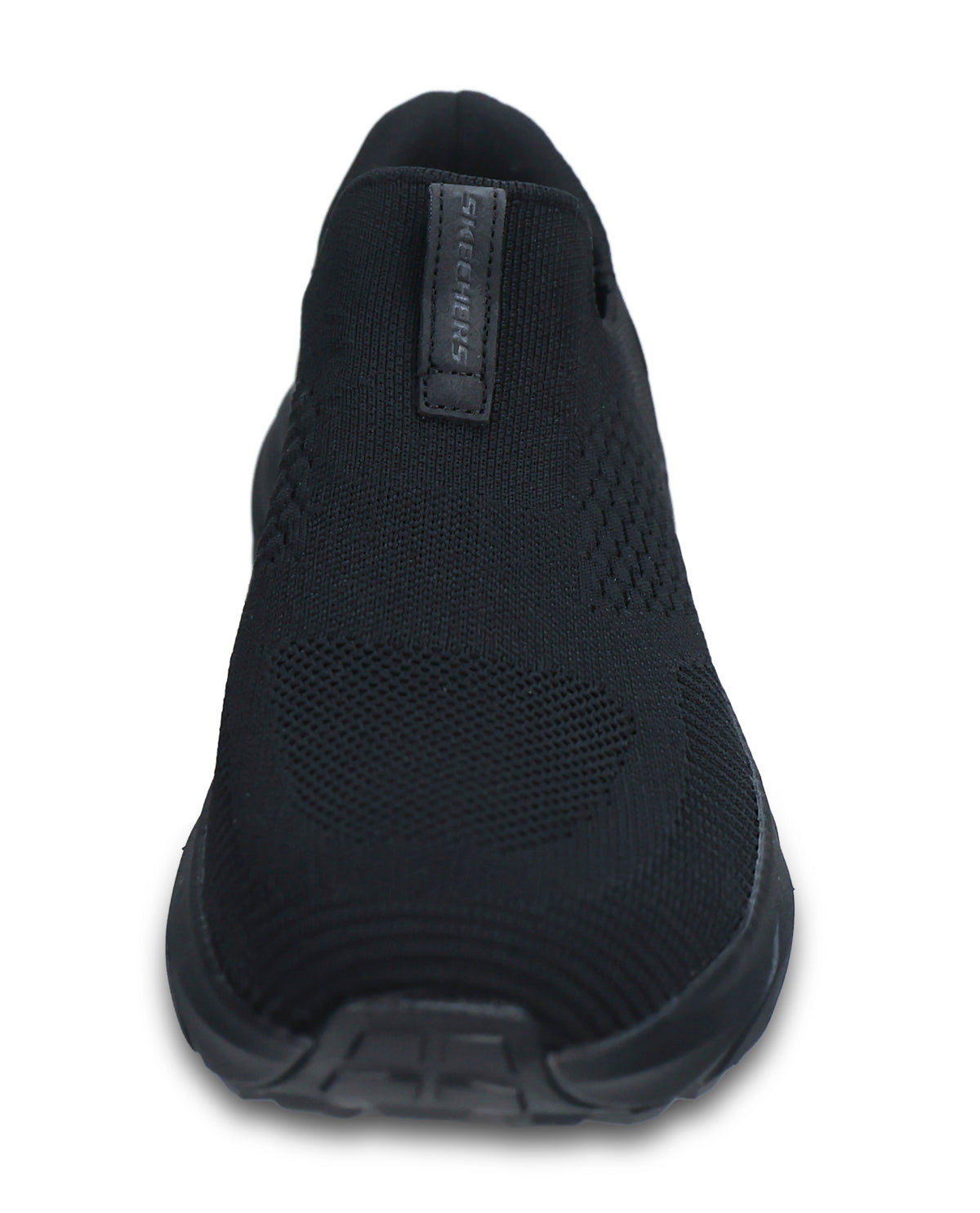 A black slip-on knit sneaker shown from a front-facing angle on a white background, featuring a textured knit upper and a black sole.