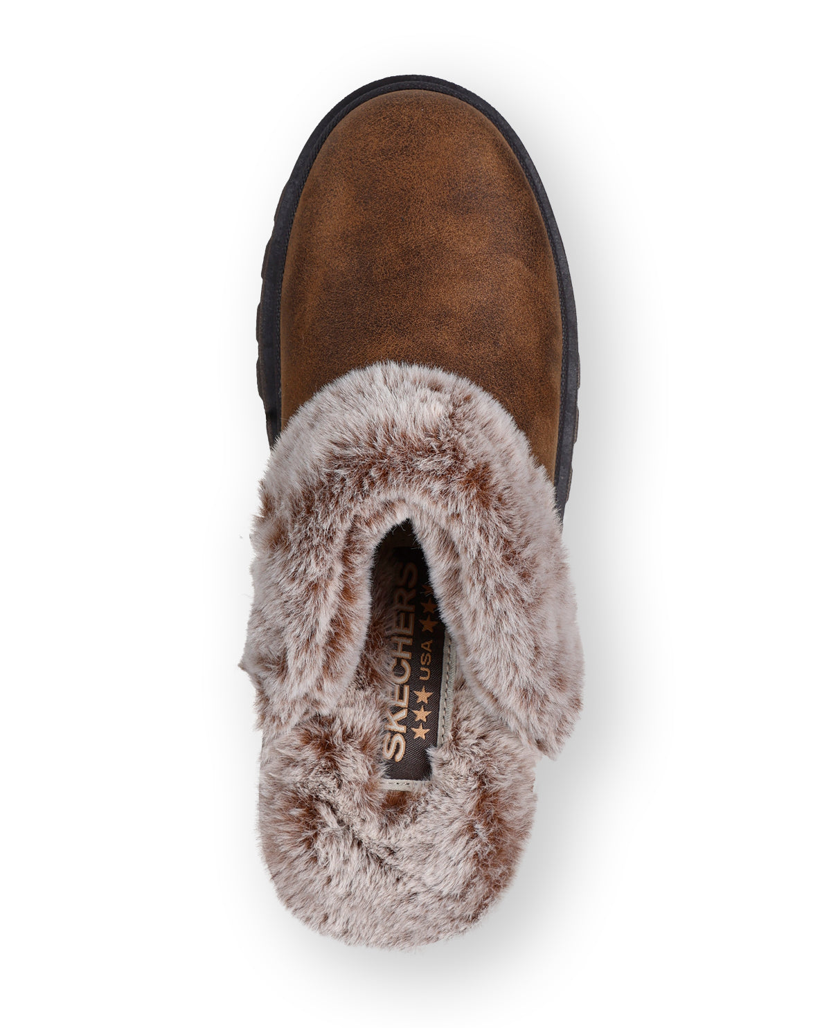 Brown suede slipper with fur trim on a white background