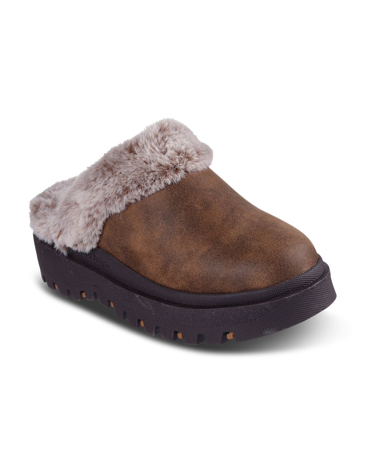 Brown slipper with gray fur lining on a white background