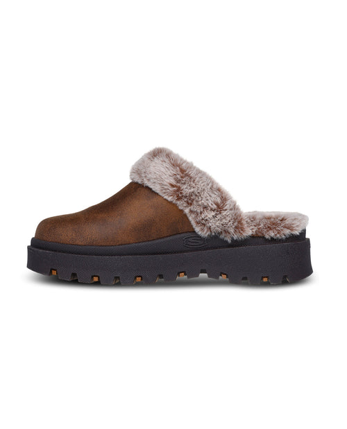 Brown slipper with fur trim on a white background