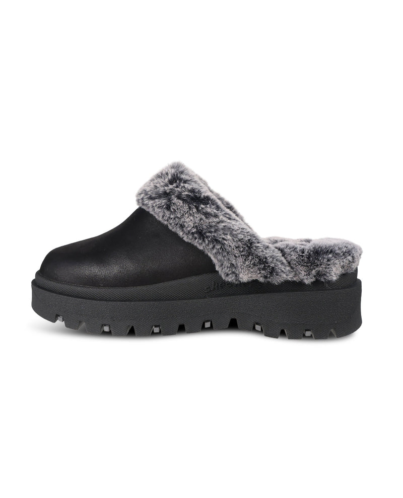 A single black slip-on clog-style boot with a thick black lug sole and a plush gray faux-fur trim across the opening, shown in side profile on a white background.