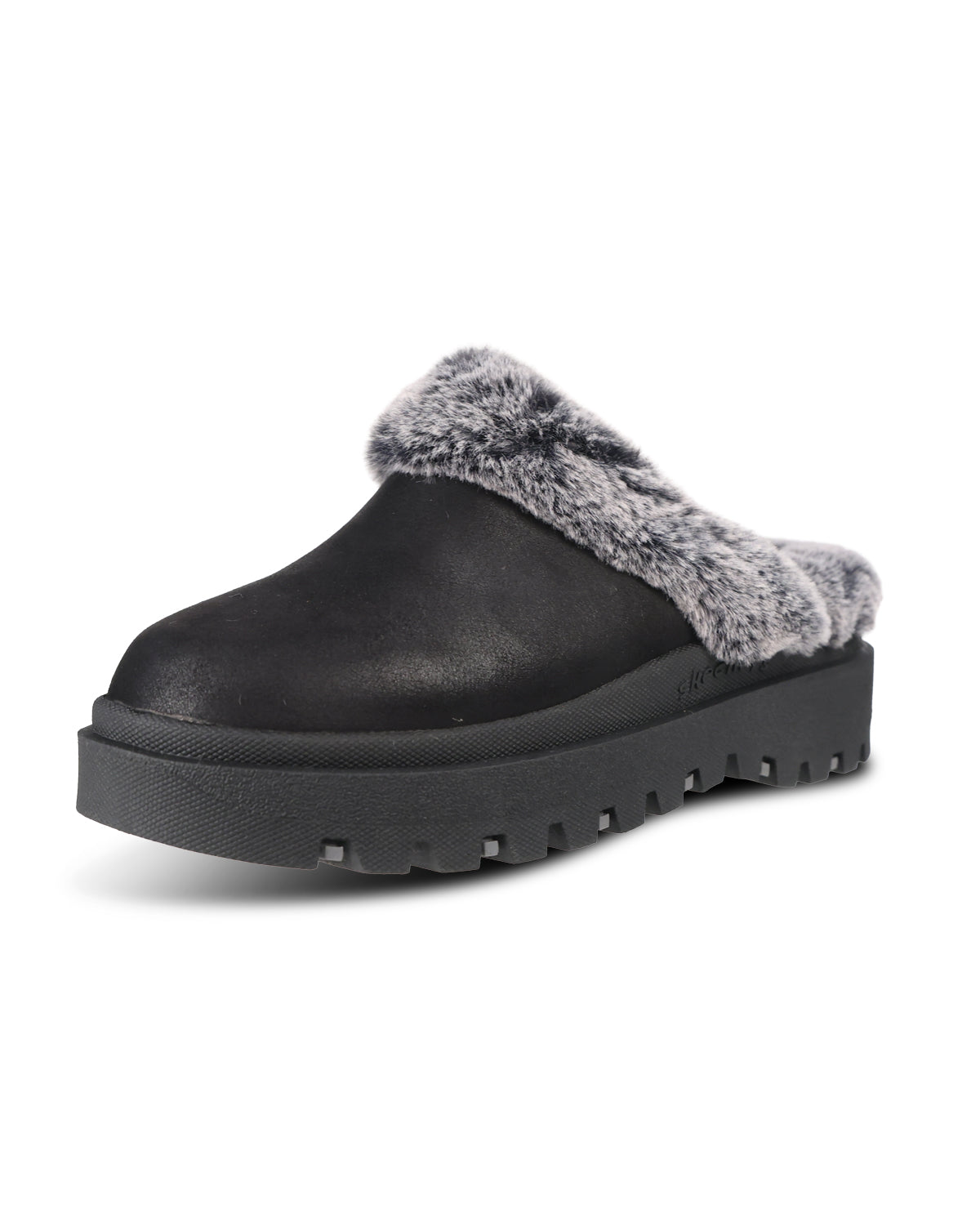 A single black slip-on clog-style boot with a thick black lug sole and a plush gray faux-fur trim around the opening, shown on a plain white background.