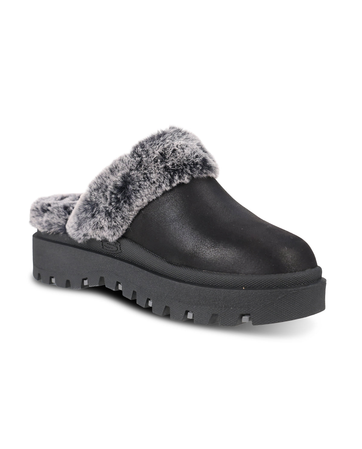 A black slip-on clog-style boot with a thick lug sole and a plush gray faux-fur trim around the opening, shown on a plain white background.