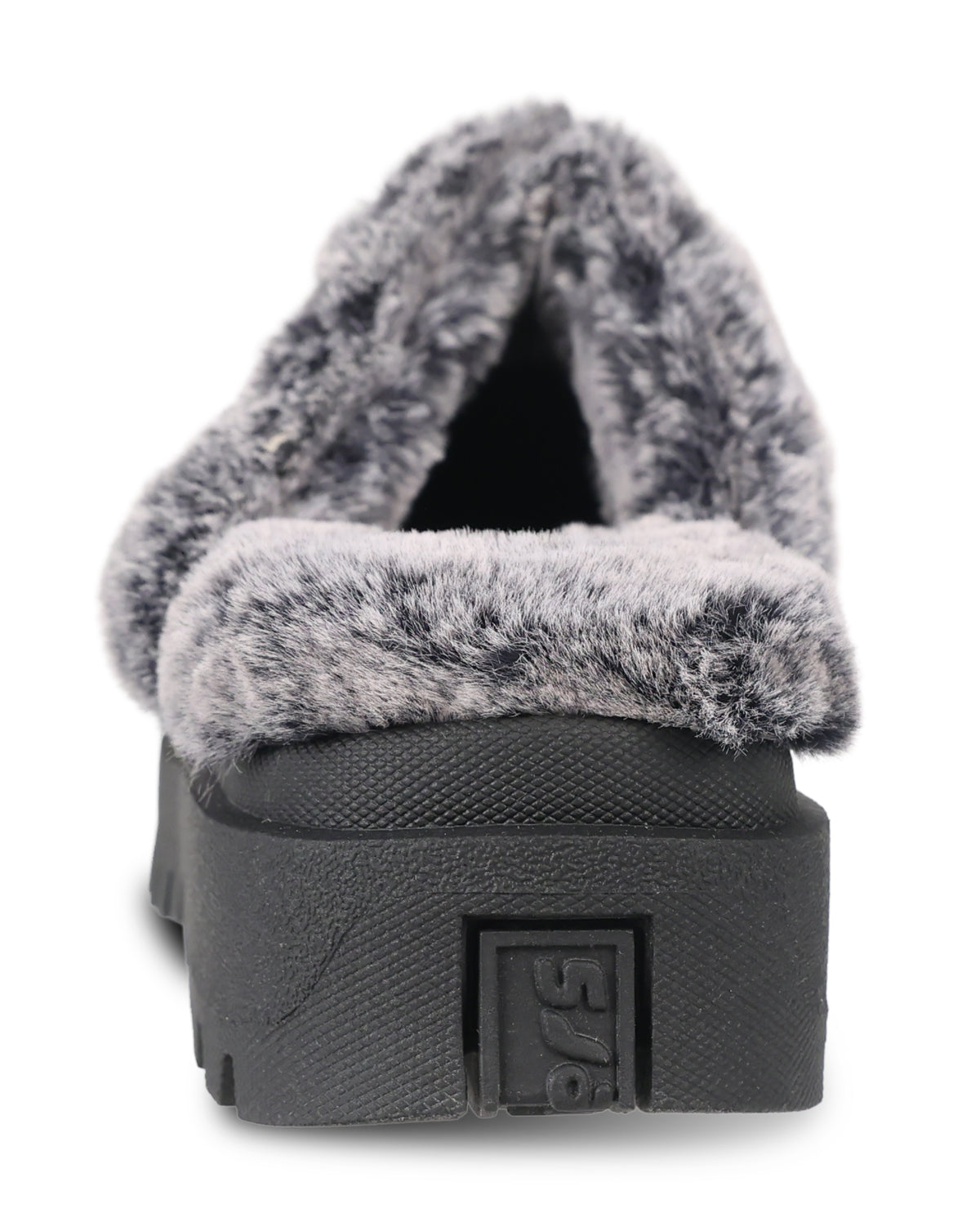 A close-up rear view of a slip-on mule shoe featuring a thick black platform sole and plush gray faux fur trim, with a visible embossed 'STP' logo on the heel.