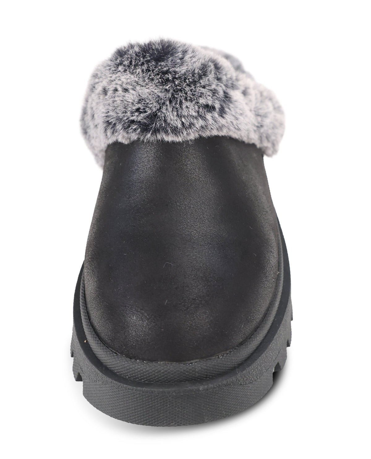 A single black slip-on boot with a thick black sole and a gray faux-fur trim around the opening, shown against a plain white background.
