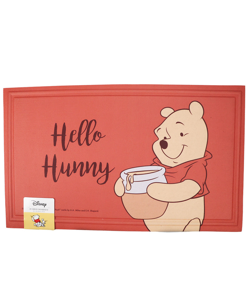 A rectangular red mat featuring the text 'Hello Hunny' and an illustration of Winnie the Pooh holding a jar of honey, with a small Disney tag at the bottom left.