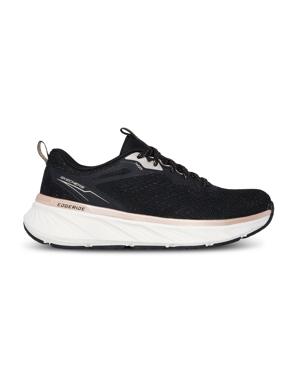 Black athletic shoe with white sole on a white background