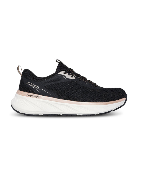 Black athletic shoe with white sole on a white background