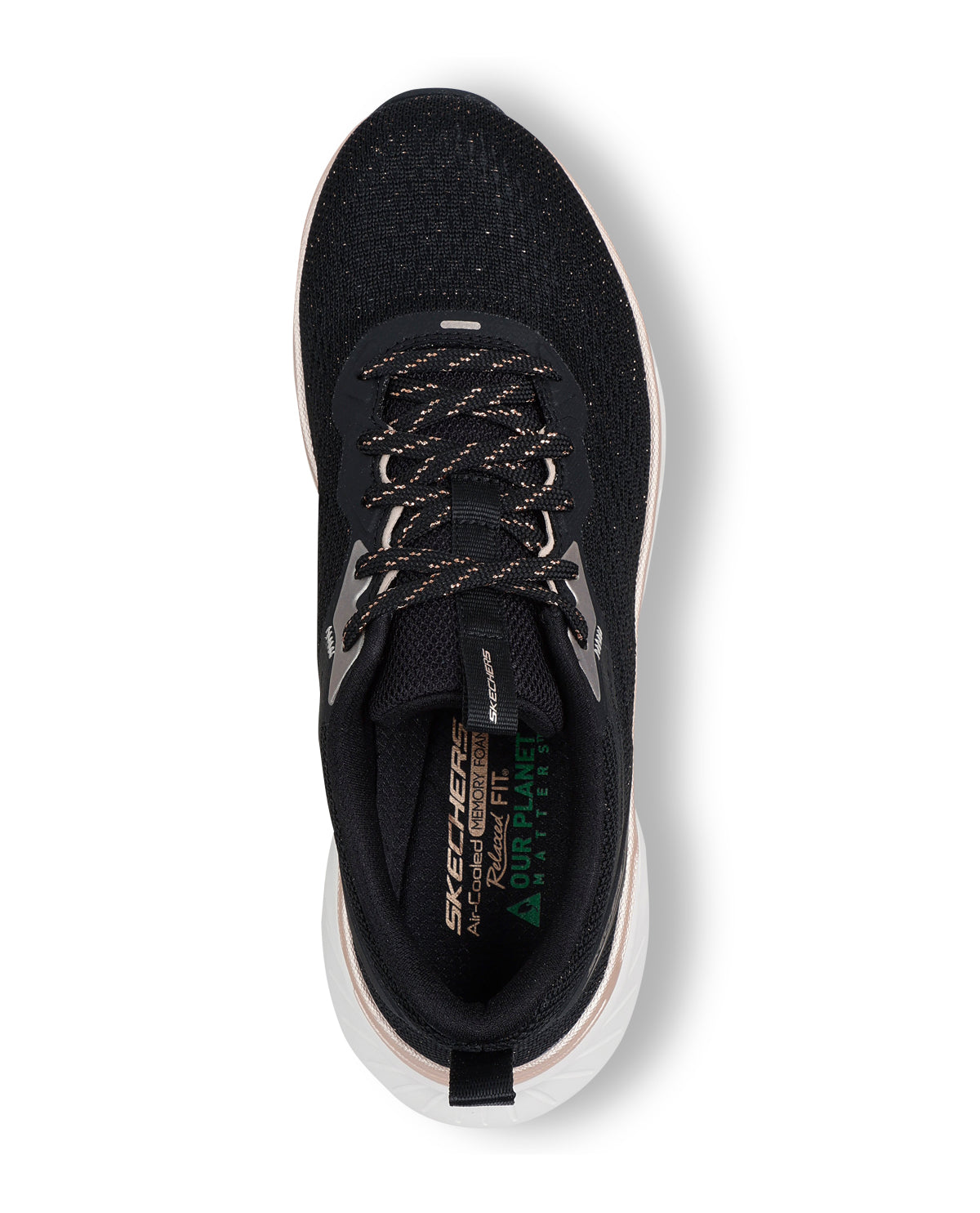Black athletic shoe with white sole on a white background