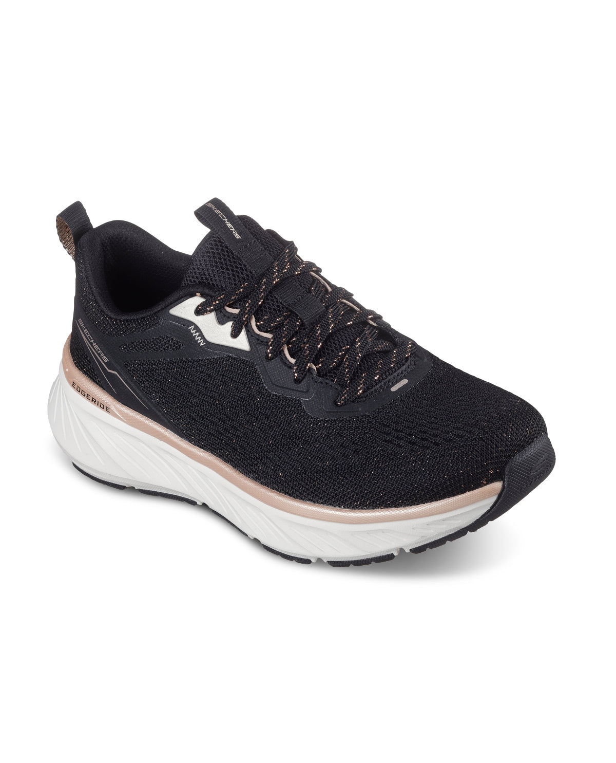 Black running shoe with white sole on a white background