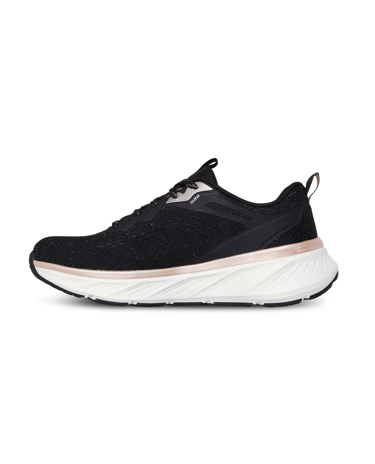 Black athletic shoe with white sole on a white background