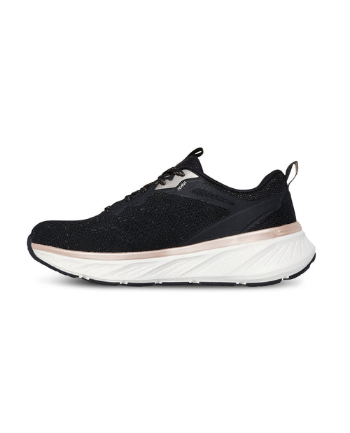 Black athletic shoe with white sole on a white background