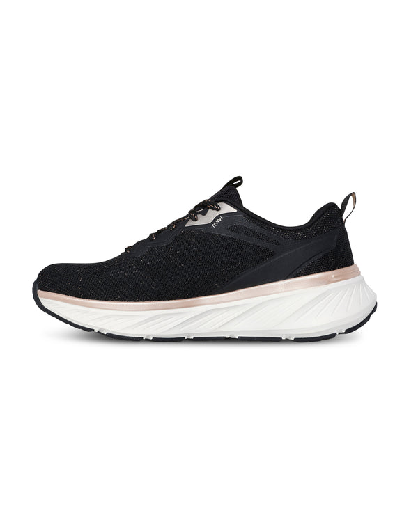 Black athletic shoe with white sole on a white background