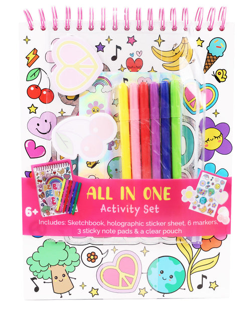 All-in-one activity set with markers, stickers, and a notebook on a white background